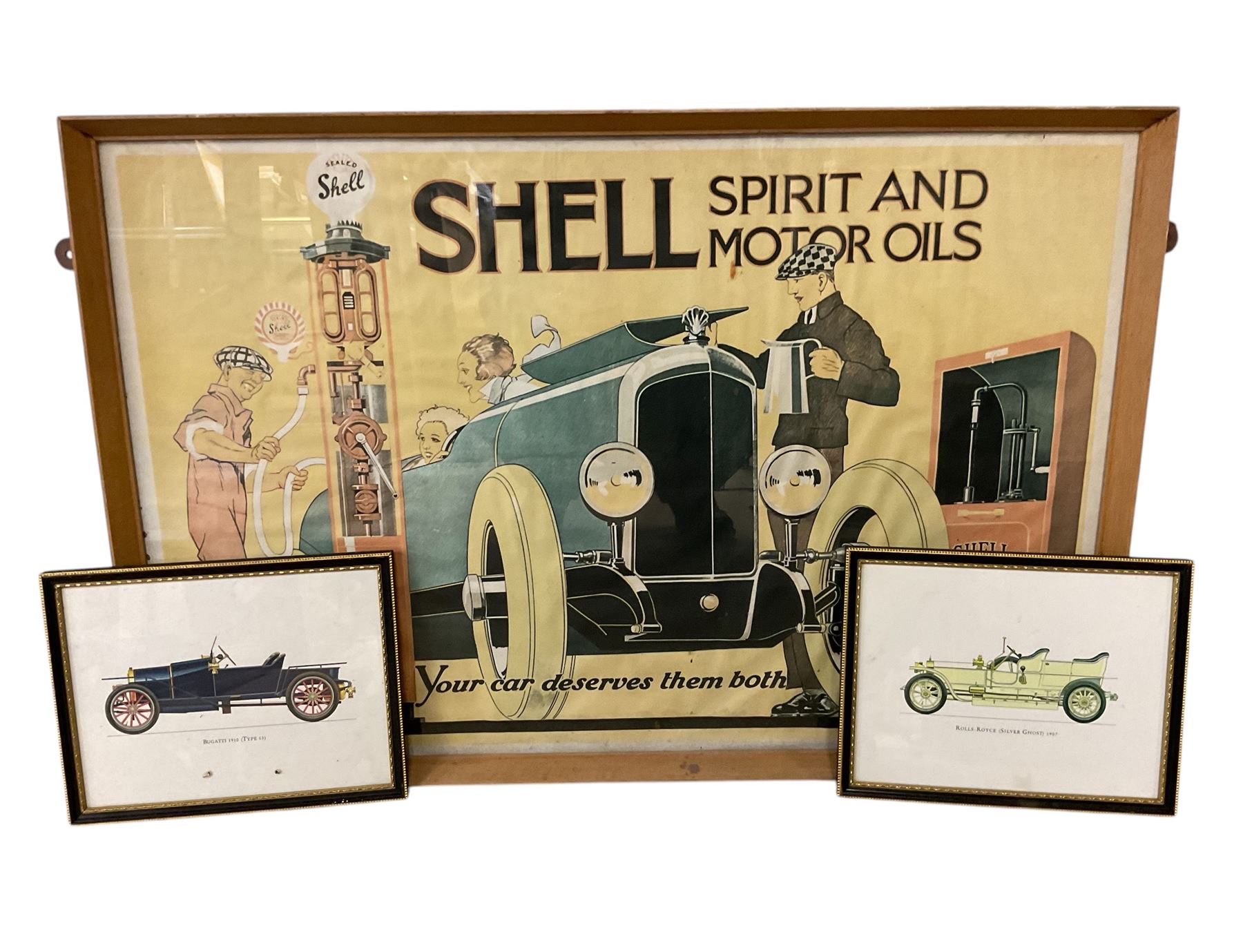 After Rene Vincent (1879-1936): 'Shell Spirit and Motor Oils, Your Car Deserves Them Both', advertising poster 49cm x 75cm, together with two small automotive prints 18cm x 23cm (3)