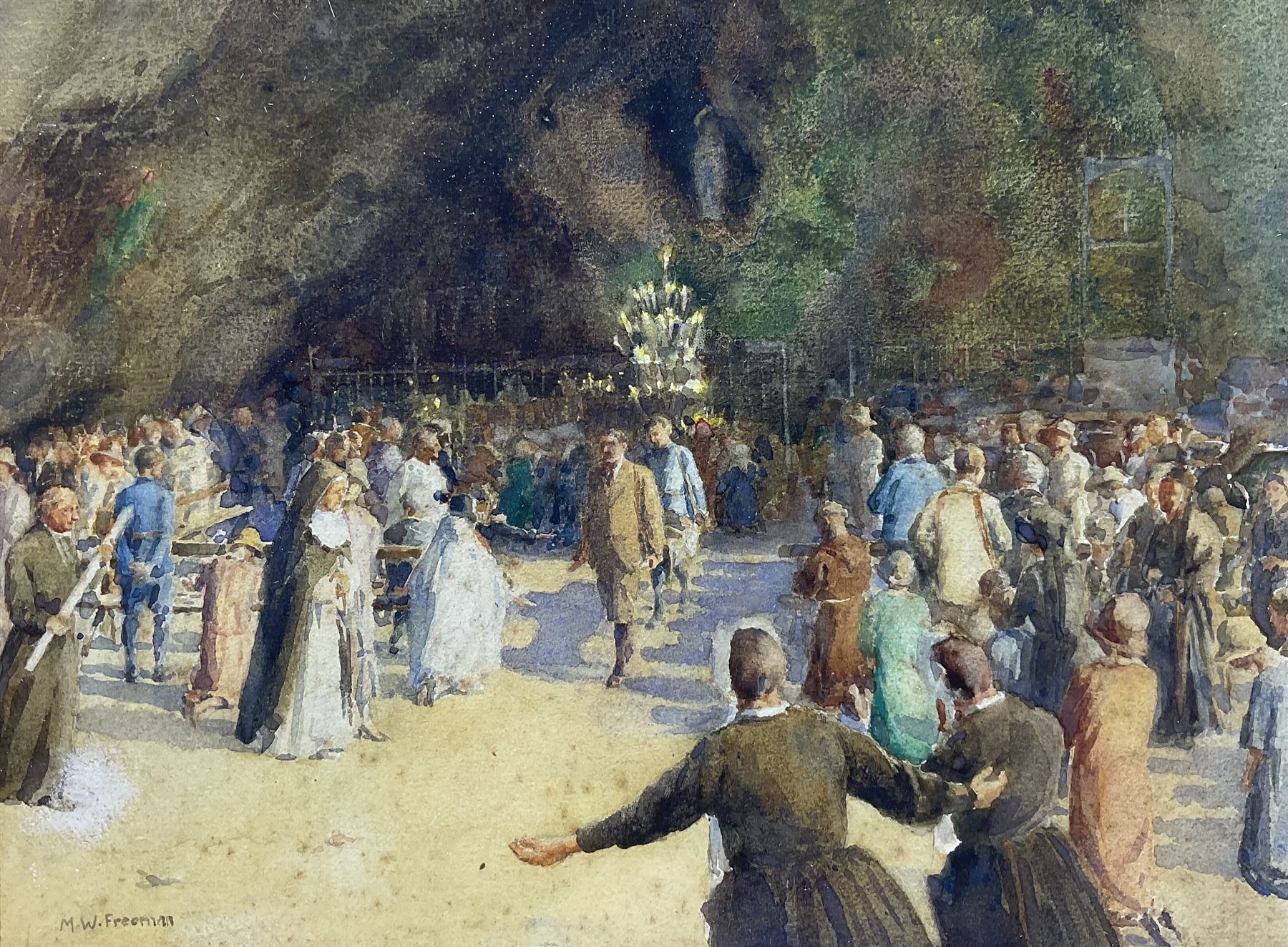 Mary Winifred Freeman (British 1866-1961): Figures at the Healing Shrine Lourdes, watercolour signed 22cm x 30cm