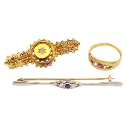 Early 20th century 14ct gold and palladium three stone diamond and synthetic sapphire brooch, Victorian 18ct gold ruby and diamond ring, Birmingham 1888 and a Victorian gold single stone diamond brooch, stamped 15ct