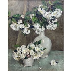 Attrib. Sir William Nicholson (British 1872-1949): 'Japanese Flower Piece' - Spring Blossom Still Life, oil on canvas unsigned, various labels verso and loose 48cm x 38cm 
Notes: exh. Beaux Arts Gallery, 'Modern Masters', 1939, No.11 (according to label, which states the work was executed in 1912).