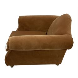 Loaf - hardwood-framed armchair, camelback and rolled arms, upholstered in rust velvet fabric, on turned oak front feet