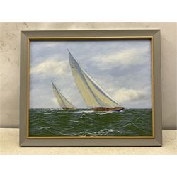 George Drury (British 1950-): 'Endeavor Leads Rainbow - America's Cup 1934', oil on canvas board signed, titled verso 39cm x 49cm 