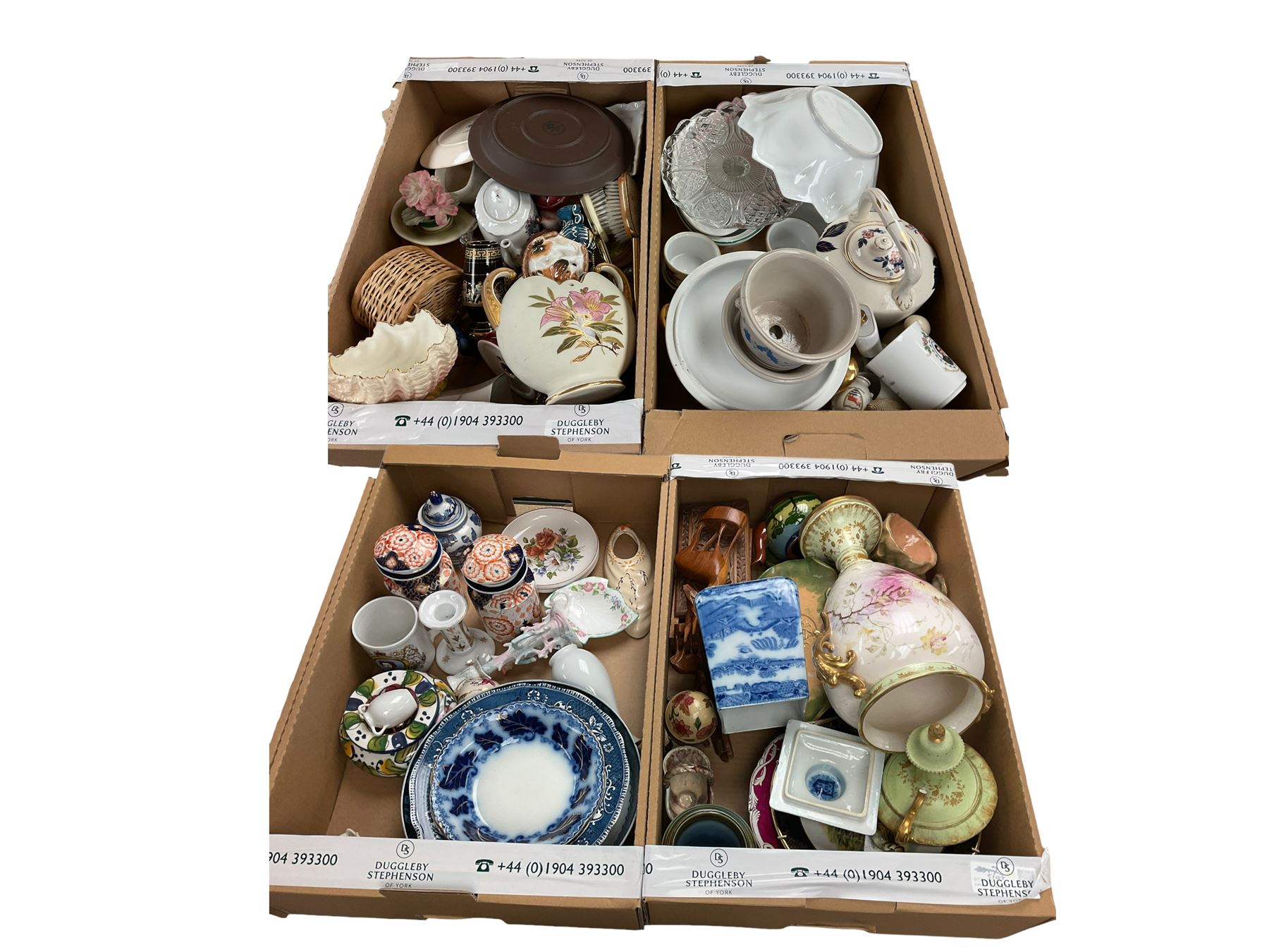 Coalport shell vase, together with a planter, covered jars and other ceramics, in four boxes 