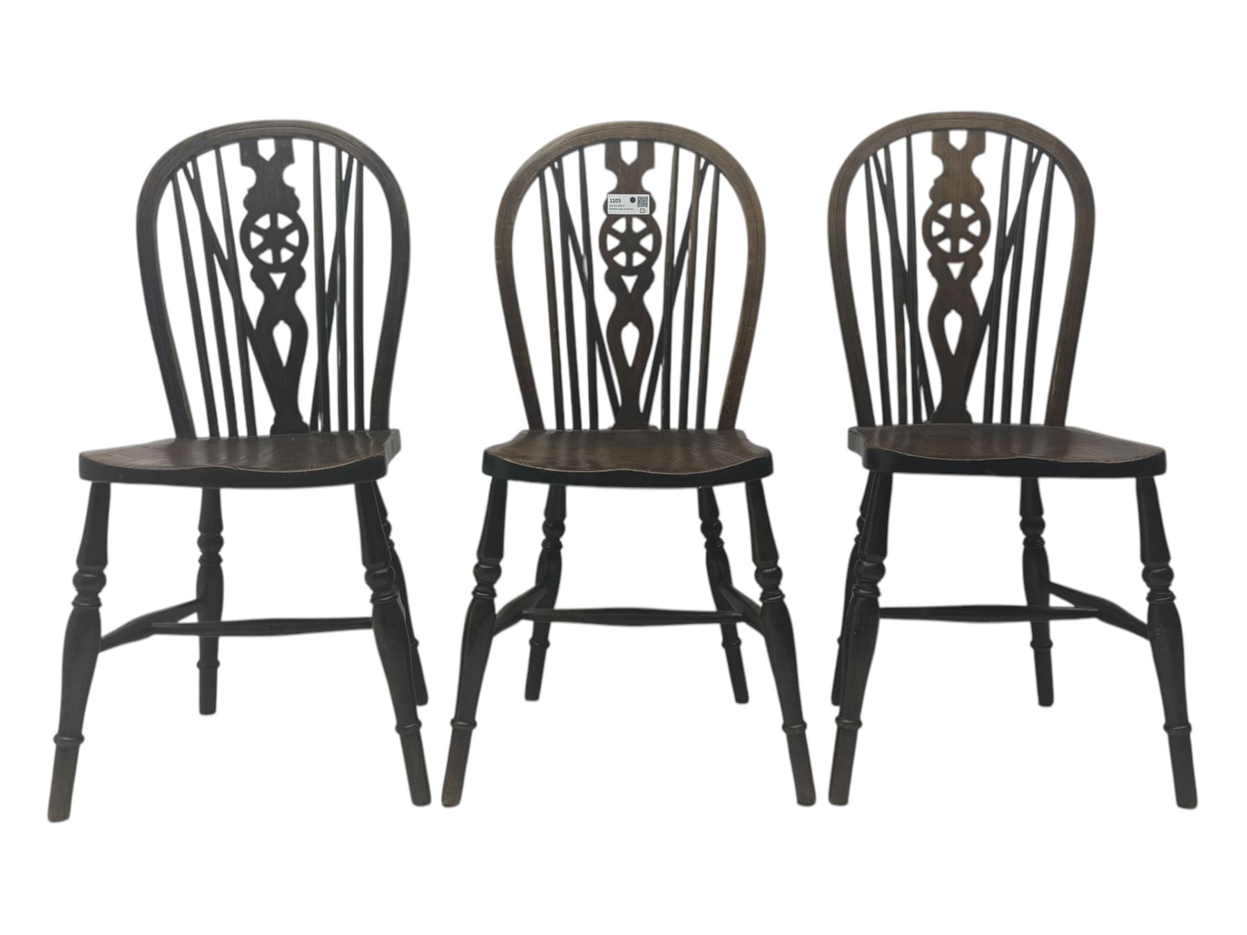 Set of six 19th century elm and ash dining chairs, hoop back with pierced wheel-shaped central splat, shaped saddle seat, raised on turned supports united by H-stretchers