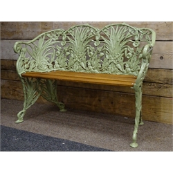  Coalbrookdale style cast metal Wheat Sheaf pattern bench, hardwood slatted seat, green painted finish, W120cm, H82cm  