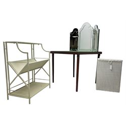 White finish wrought metal magazine shelving unit (W62cm, H80cm, D38cm); folding bridge table with baize lined top; white painted wicker linen bin; bevelled triple mirror back 