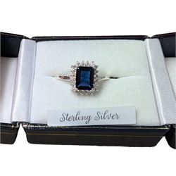 Silver cubic zirconia and blue stone cluster, stamped, boxed