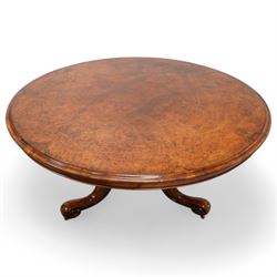 Victorian figured walnut circular centre table, moulded edge over plain frieze, raised on a turned and egg-and-dart moulded pedestal, terminating in an acanthus carved terminal and splayed supports with castors