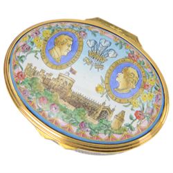 Two Halcyon Days enamel boxes, both for the Royal Wedding of HRH The Price of Wales and Mrs Camilla Parker Bowles, together with Martin & Co silver enamel box, hallmarked and a Royal Worcester box, all in original boxes 