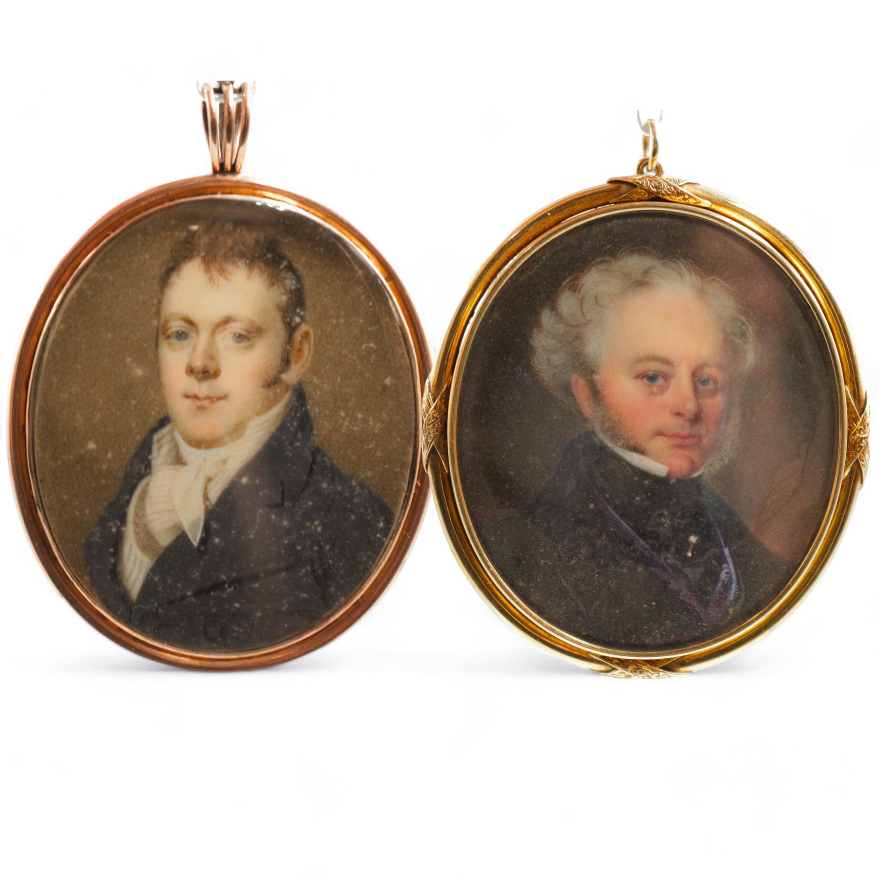 19th century portrait miniature depicting head and shoulder portrait of a gentleman, on ivory, mounted in 14ct gold brooch / pendant and one other 19th century example on ivory, mounted in 9ct rose gold pendant, both with seed pearl and hair work decoration to the reverse. These items have been registered for sale under Section 10 of the APHA Ivory Act