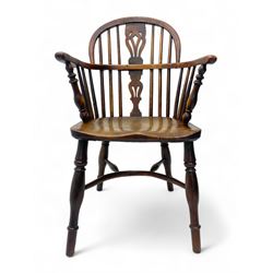 19th century yew wood and elm Windsor armchair, low double hoop stick and pierced splat back, dished seat on turned supports united by crinoline stretchers