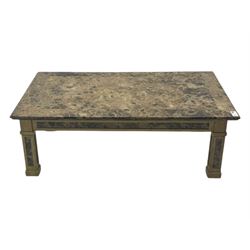 Rectangular coffee table, variegated marble top, on square supports with block feet 