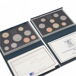 Eleven The Royal Mint United Kingdom proof coin collections, dated 1985, 1986, 1987, 1988, 1990, 1992 with dual dated fifty pence, 1994, 1996, 1999, 2001 and 2003, all cased with certificates