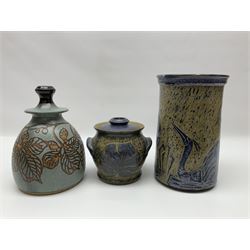 John Egerton (c1945-): studio pottery stoneware, comprising wine cooler decorated with herons on a mottled ground, covered storage jar with foliage decoration and a lamp base decorated with grape vines, wine cooler H23cm