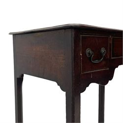 George III mahogany low-boy, moulded rectangular top with rounded front corners, fitted with three cock-beaded drawers, beaded circular brass handle plates and swan neck handles, shaped apron, on square supports with inner chamfer 