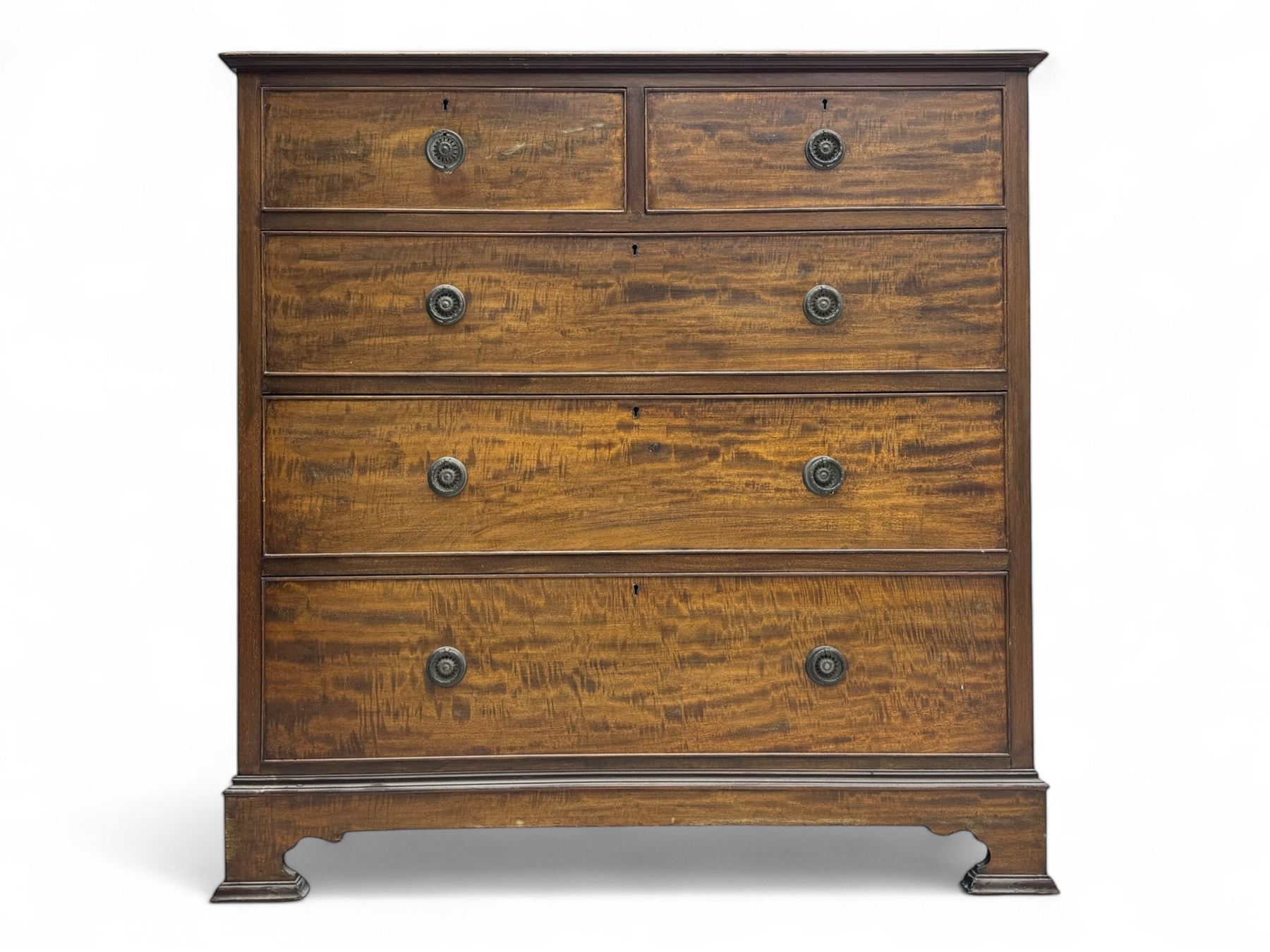 Early 20th century mahogany chest of drawers, rectangular top with moulded edge over two short and three long cockbeaded drawers, on bracket feet