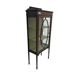 Edwardian inlaid mahogany display cabinet, shaped and raised back over single astragal glazed door, interior lined and fitted with two shelves, raised on square tapering supports