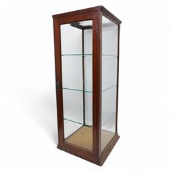 Mid-19th century mahogany five glass counter top display cabinet, moulded cornice over bevelled glass panes, fitted with three glass shelves, moulded plinth base