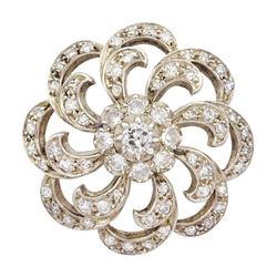 Victorian gold and silver old cut diamond stylised flower brooch, the central diamond cluster, with old cut with swirled petals 