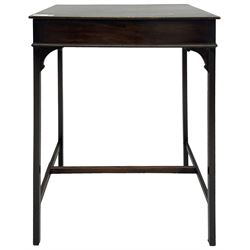 Early 19th century mahogany side table, hinged rectangular top enclosing storage space, on square supports united by H-stretchers