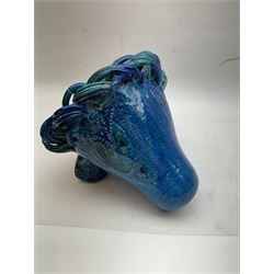 Aldo Londi; circa 1960 earthenware glazed pottery lion sculpture, in Bitossi Rimini blue, signed on base, H22cm