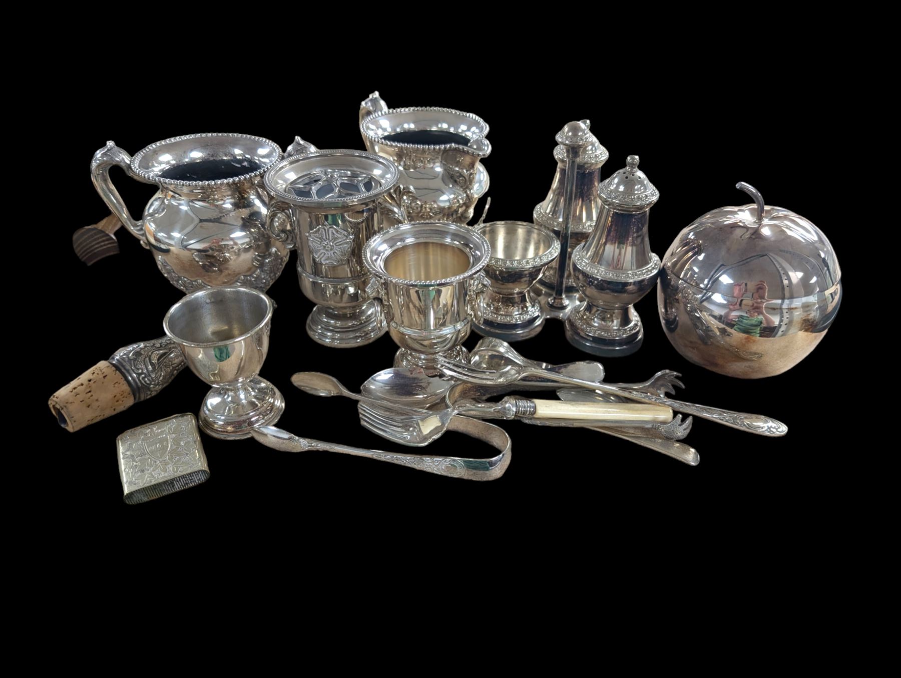 Collection of silver plate, including milk jug, sugar bowl, flatware, cruet set, etc