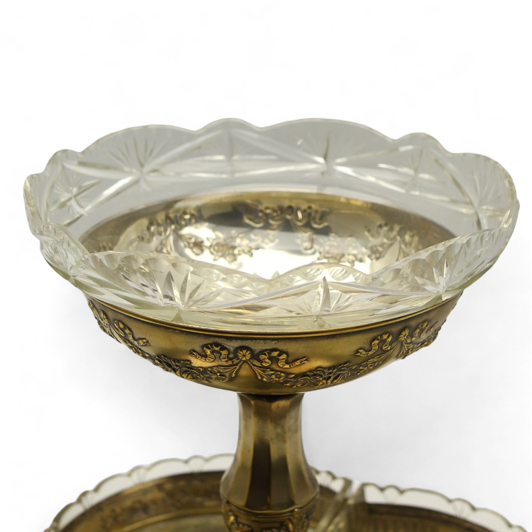 Large early 20th century German silver plate and cut glass two-tier centrepiece, embossed with ribbons and floral swags, makers mark for Badische Metallwarenfabrik, H36cm 