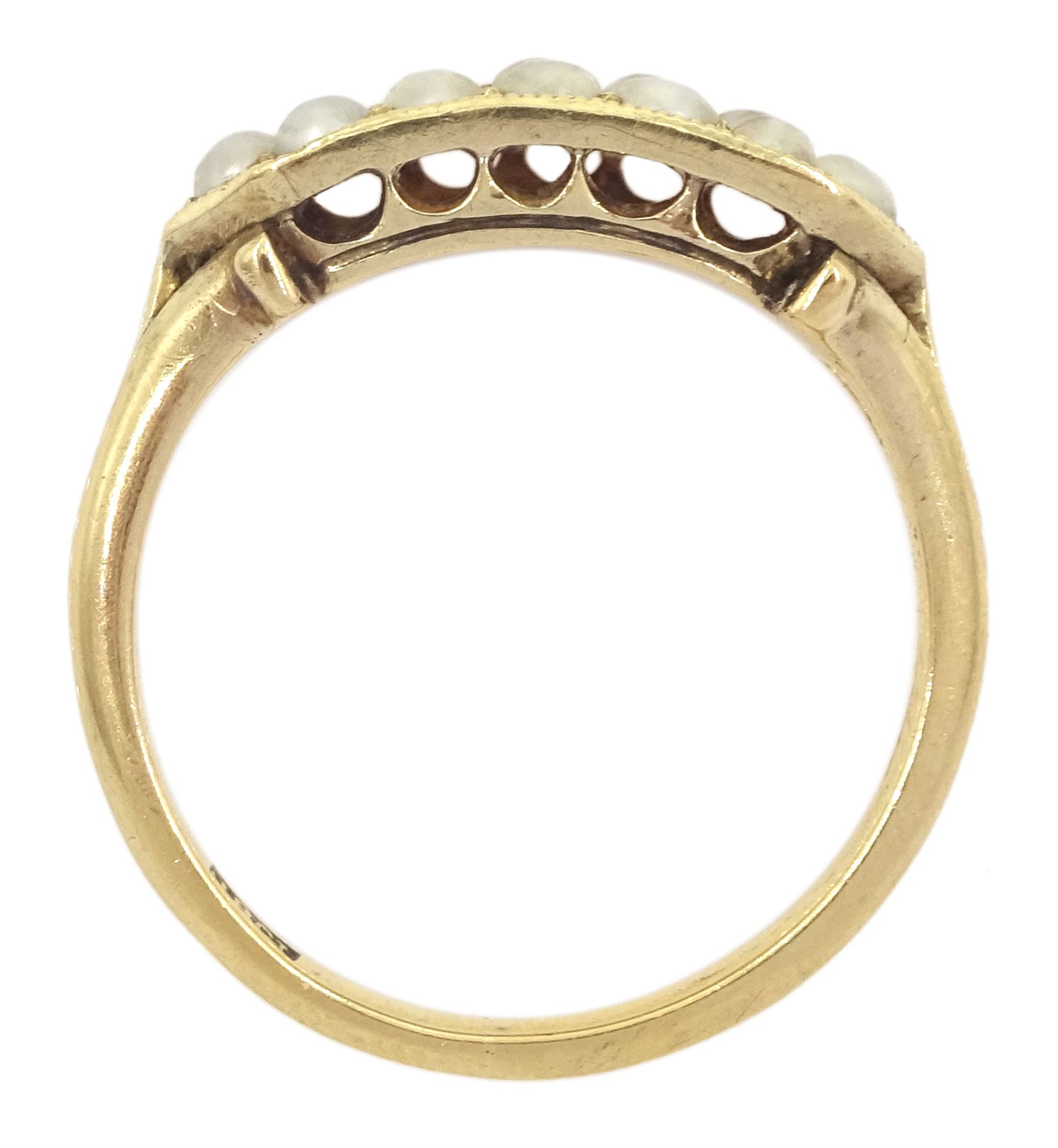 Early 20th century gold milgrain set two row split pearl ring, stamped 18ct