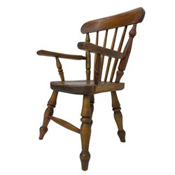 19th century elm and beech child's farmhouse chair, shaped cresting rail over stick back, on turned supports 