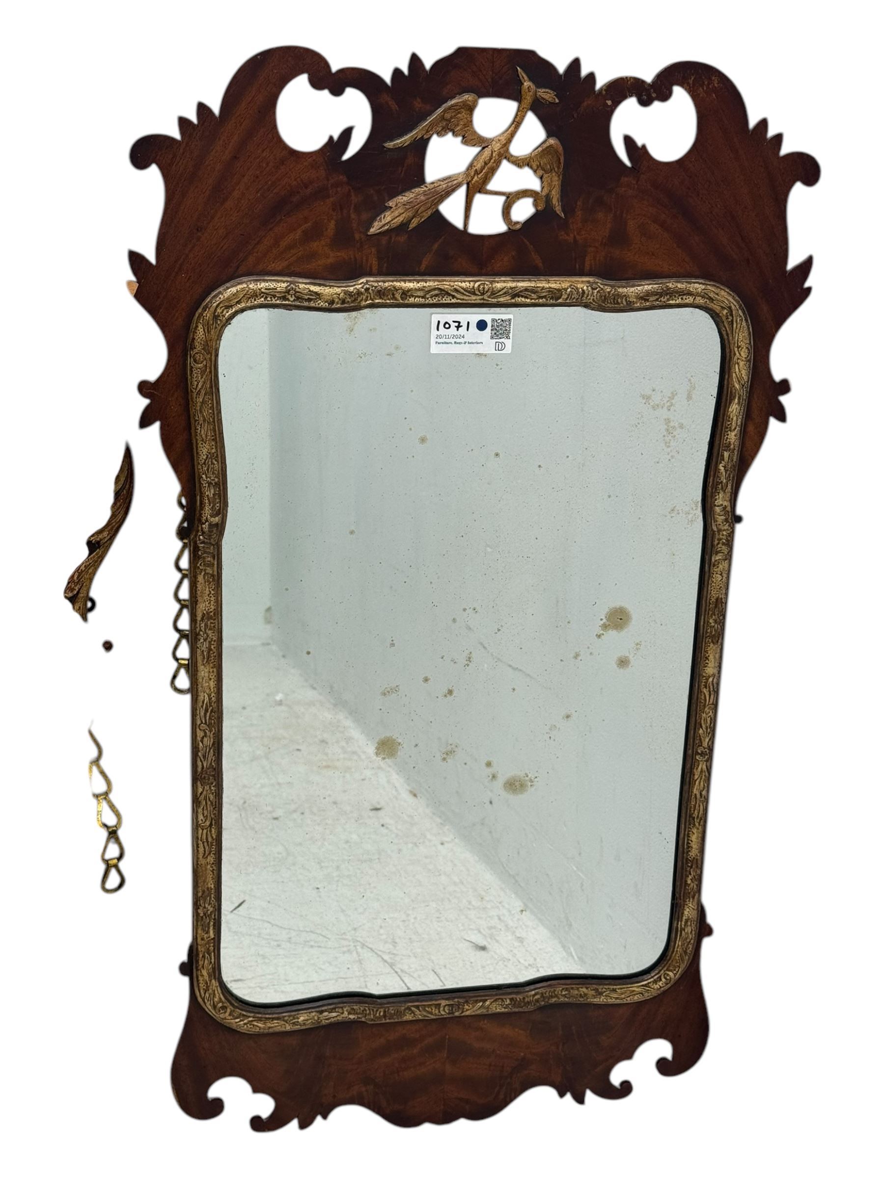 Georgian design walnut and parcel gilt fretwork wall mirror (76cm x 73cm); Chippendale design mahogany fretwork wall mirror, carved with Ho-Ho bird pediment (54cm x 93cm)