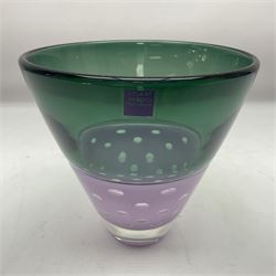 Stuart Akroyd glass vase, green banded top and purple opaque lower section with bubble inclusions, with sticker and engraved signature beneath, H15.5cm