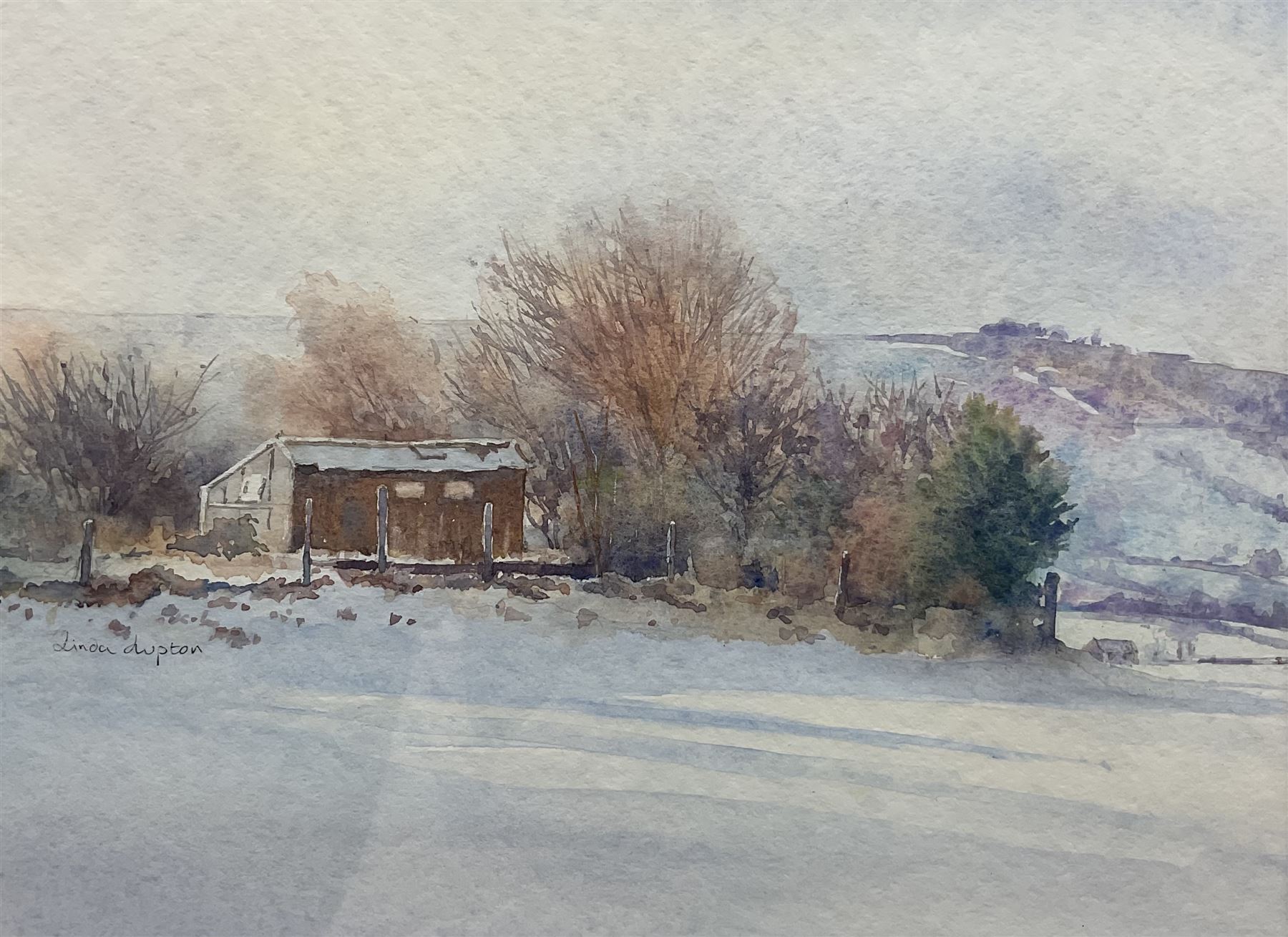 Linda Lupton (Northern British Contemporary): Snowy Barn, watercolour signed 19cm x 25cm
Notes: Linda was elected to Full Membership of The Fylingdales Group of Artists 2013