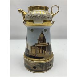 19th century continental teapot and warmer, the teapot upon a cylindrical warming base in the form of a castle, hand printed with 'Le Pantheon', H21cm