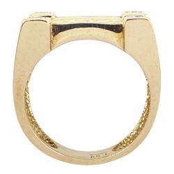 Gold channel set round brilliant cut diamond ring, with four diamonds set at each corner, hallmarked 9ct, total diamond weight 1.59 carat