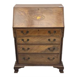 Georgian design mahogany bureau, moulded fall front with central floral inlays and satinwood band, fitted with four graduating drawers enclosed by ring turned pillars, on ogee bracket feet 