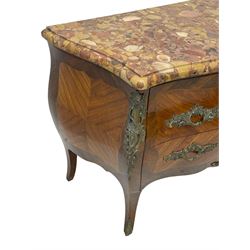 Late 20th century Louis XV design Kingwood and rosewood bombe commode chest, shaped ovolo-moulded variegated marble top, fitted with two drawers, scrolling foliate cast gilt metal handles and mounts