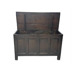 18th century oak coffer, rectangular plank lid over four panelled front and panelled sides, on stile supports 