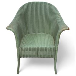 Lloyd Loom - pair of wickerwork armchairs, in painted sage green finish