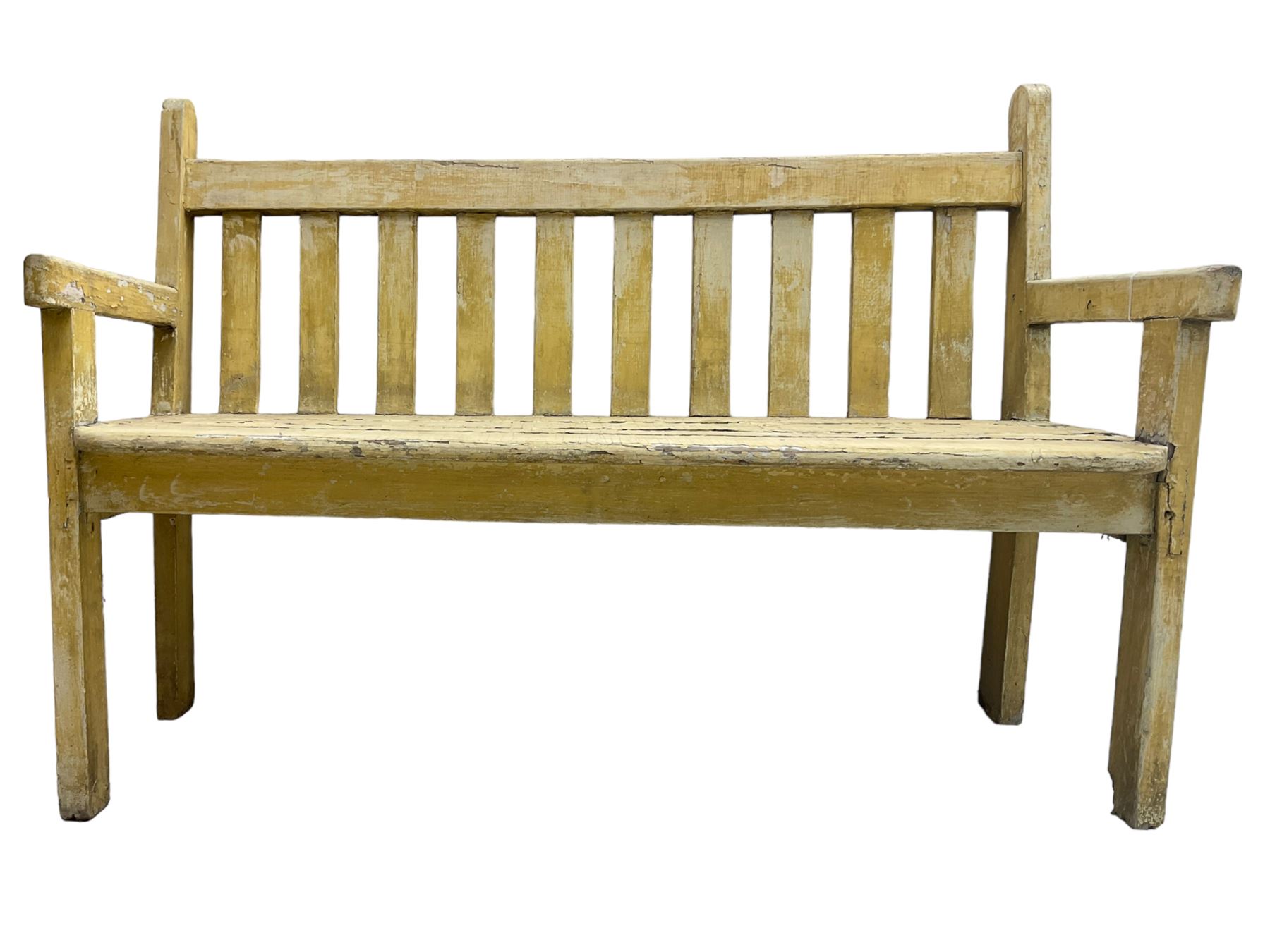 19th century painted pine garden bench, horizontal rail back over plank ...