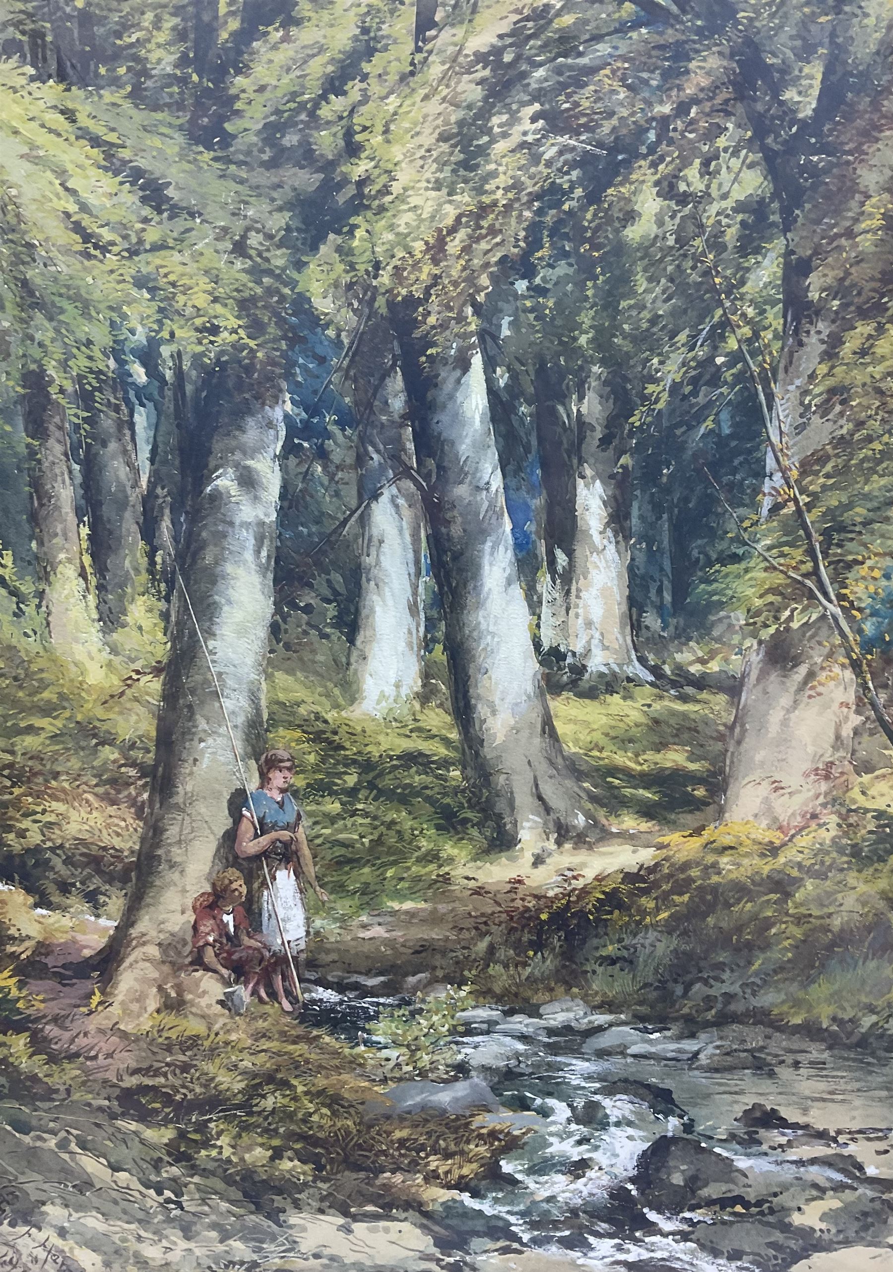 George F Hargitt (Scottish/Canadian 1837-1927): Woodland Stream with Children Fishing, watercolour and gouache signed and dated 35cm x 25cm
Provenance: from the Library of John Henry Birkenshaw (probably 1891-1948 Toronto) Canada, label verso