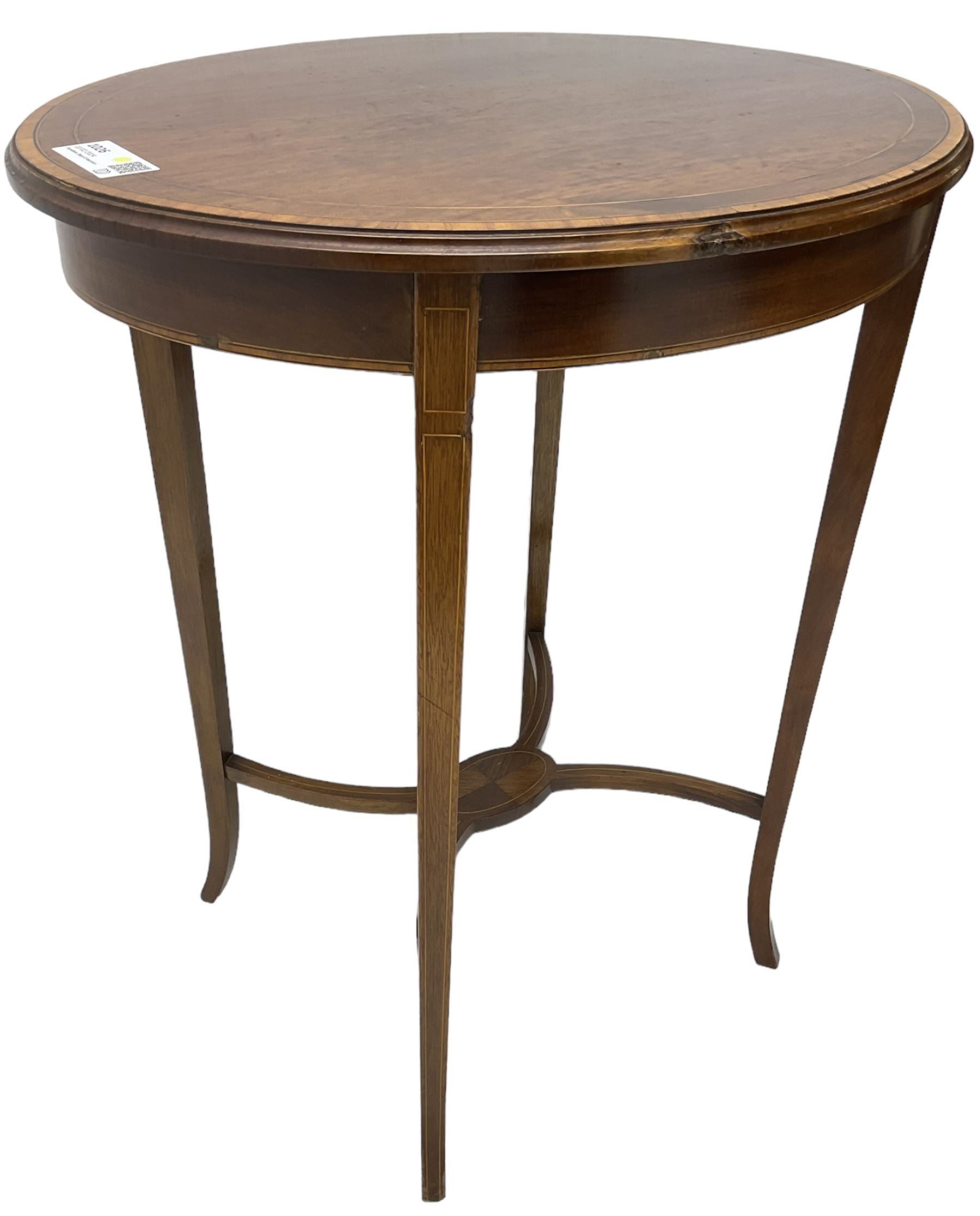 Edwardian inlaid mahogany centre table, oval moulded top with satinwood banding, on square tapering supports united by curved X-framed stretchers 