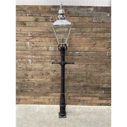 Victorian design cast iron street or driveway lamp, in black finish with stainless steel lantern top