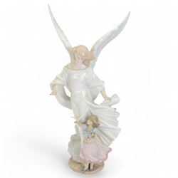 Lladro figure, Guardian Angel, modelled as an angel stood over a child holding a dove, no ...