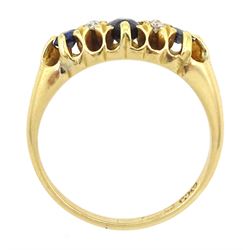 Early 20th century 18ct gold three stone sapphire and four stone old cut diamond ring