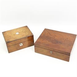 Victorian walnut work box and with mother of pearl escutcheon and fitted interior W25cm and a Victorian mahogany  box and contents of sewing items  (2)