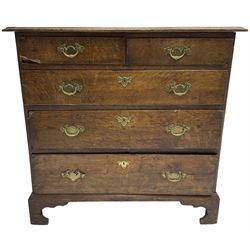 George III oak chest, moulded rectangular top over two short and three long graduating drawers, raised on bracket feet