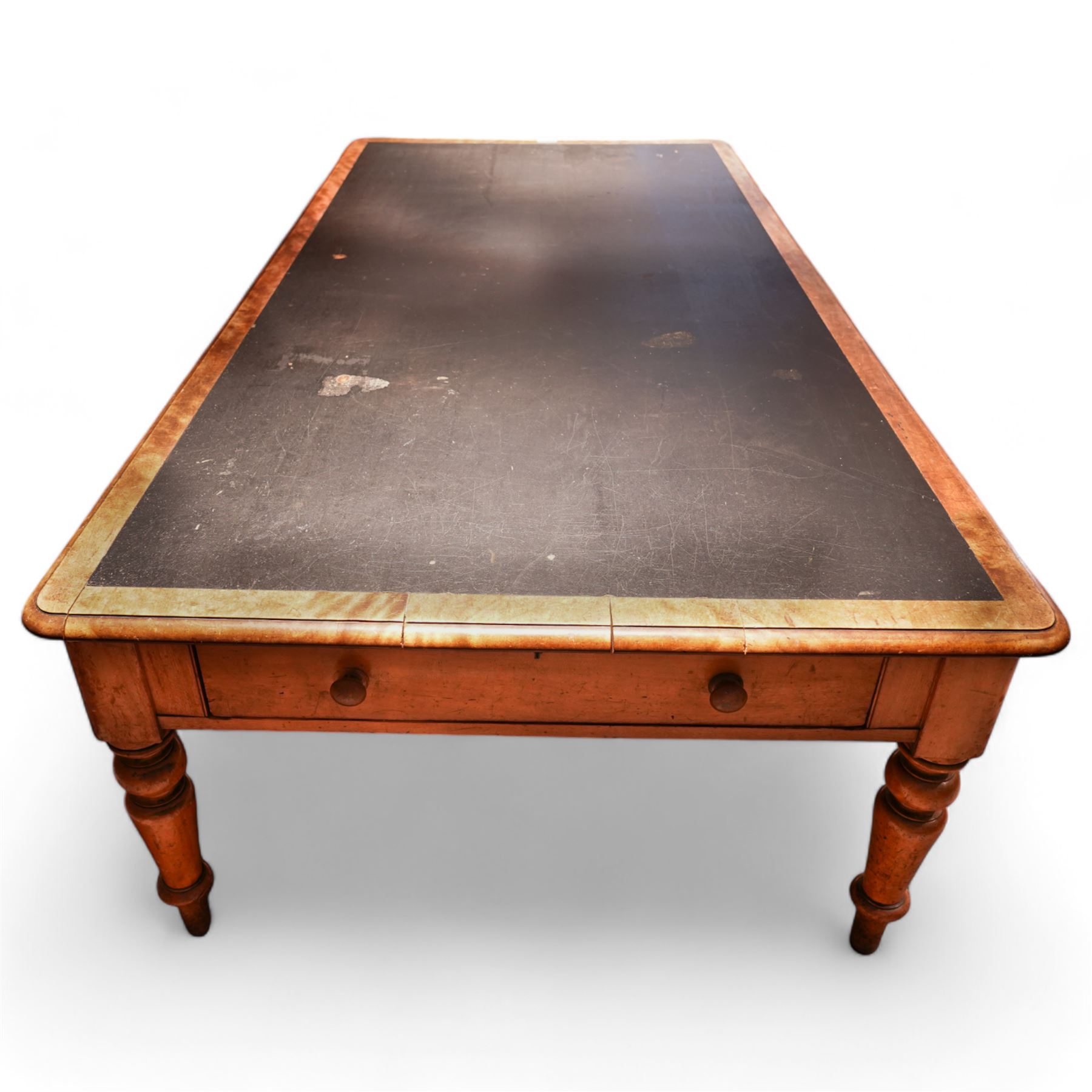 Large Victorian satin walnut library table, moulded rectangular top with rounded corners and inset leather, fitted with two end drawers, on turned supports 