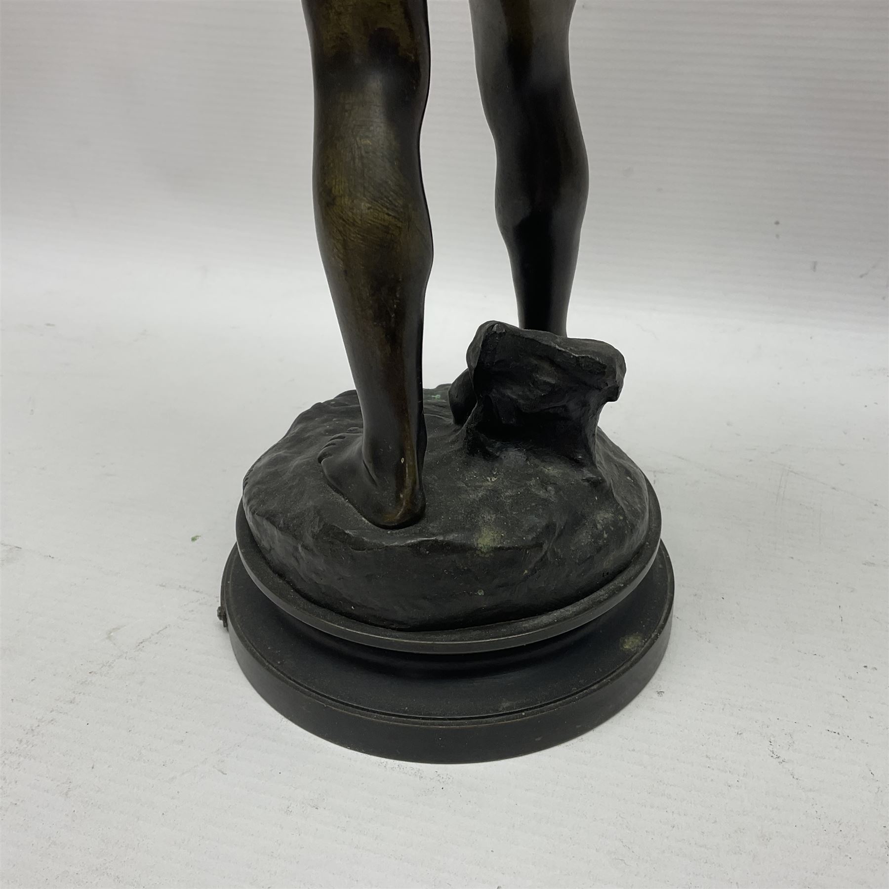 After Auguste Moreau, bronzed figure of David, with plaque inscribed 'Prix de Mr Le Perfet de Police Roques', H35cm 