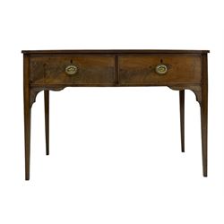 19th century mahogany bow-front serving table, fitted with two cock-beaded drawers with oval pressed brass handles decorated with urns, on square tapering supports 