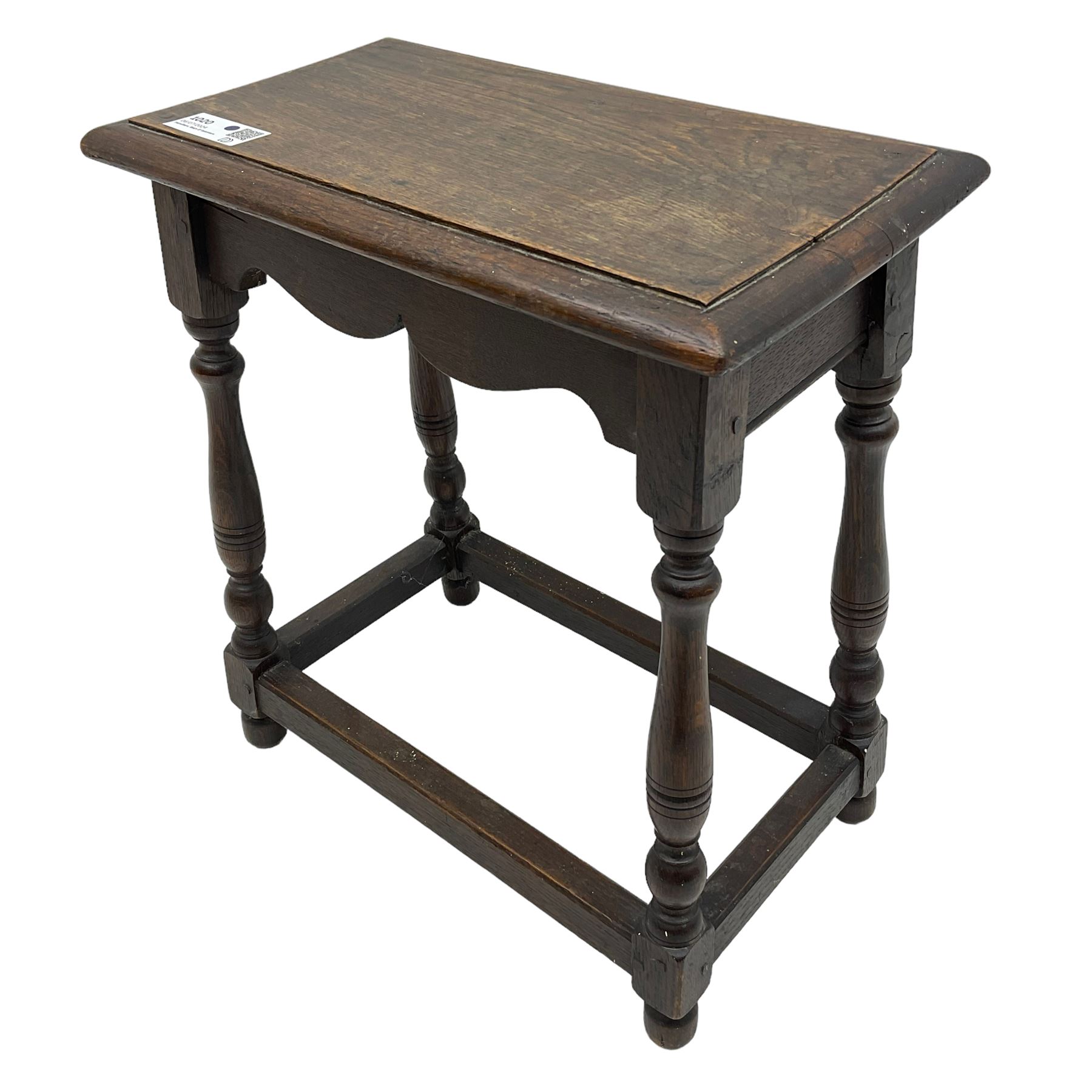 17th century design oak joint stool, moulded rectangular top on turned supports united by plain stretchers 